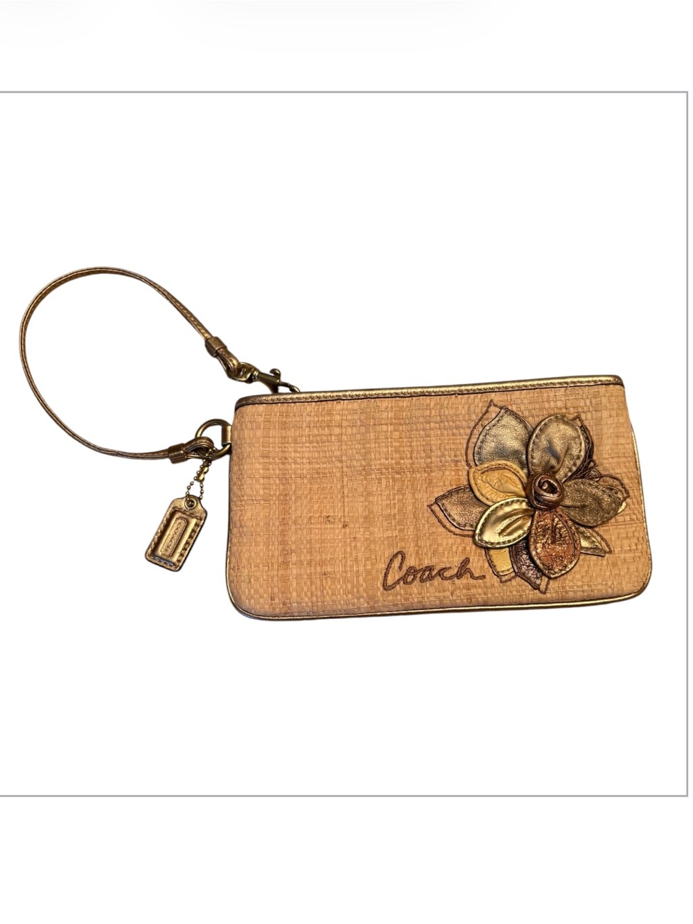 Coach Hamptons Archive 10th Anniversary Straw Metallic Flower Wristlet